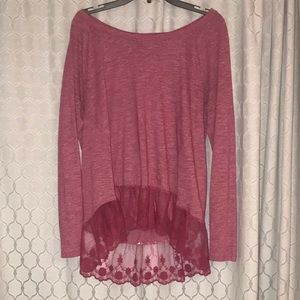 Burgandy long sleeve knit with lace ruffle trim